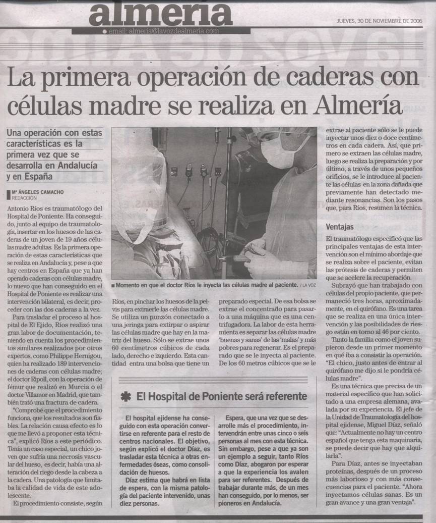 Primera operación de cadera en Almería con células madre